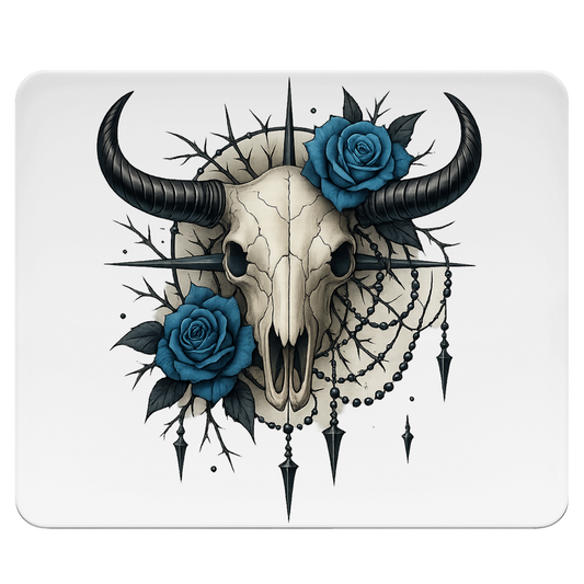 Mousepad Rinderschädel mit blauen Rosen, Dornen und Perlen