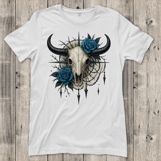 Damen T-Shirt Rinderschädel mit blauen Rosen, Dornen und Perlen