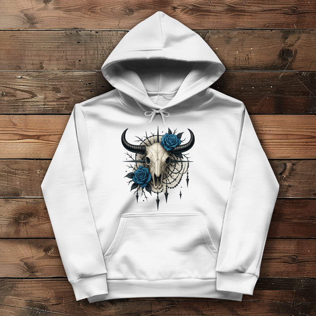 Damen Hoodie Rinderschädel mit blauen Rosen, Dornen und Perlen