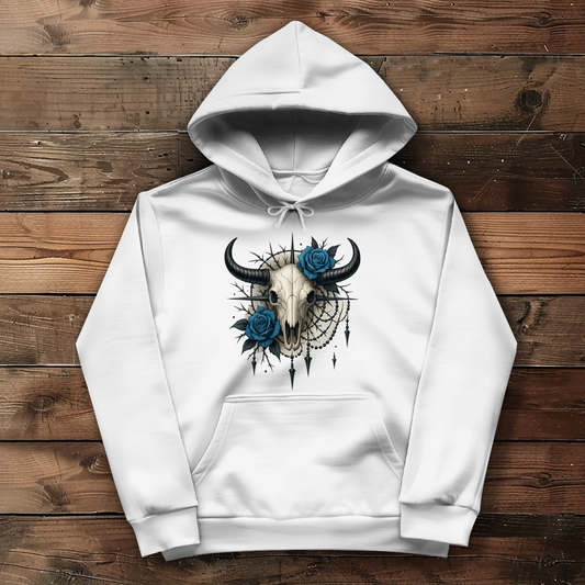 Damen Hoodie Rinderschädel mit blauen Rosen, Dornen und Perlen