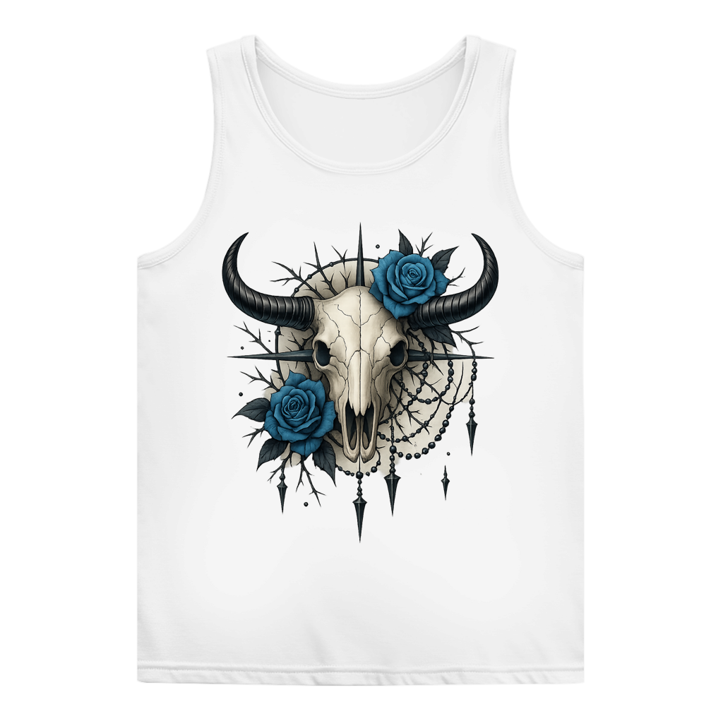 Damen Basic Tank Top Rinderschädel mit blauen Rosen, Dornen und Perlen