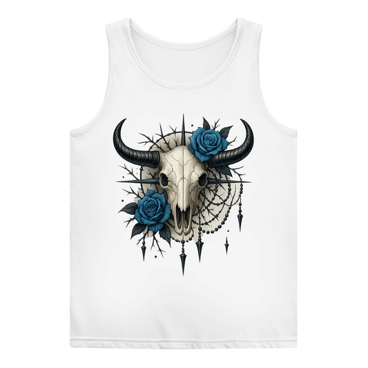 Damen Basic Tank Top Rinderschädel mit blauen Rosen, Dornen und Perlen