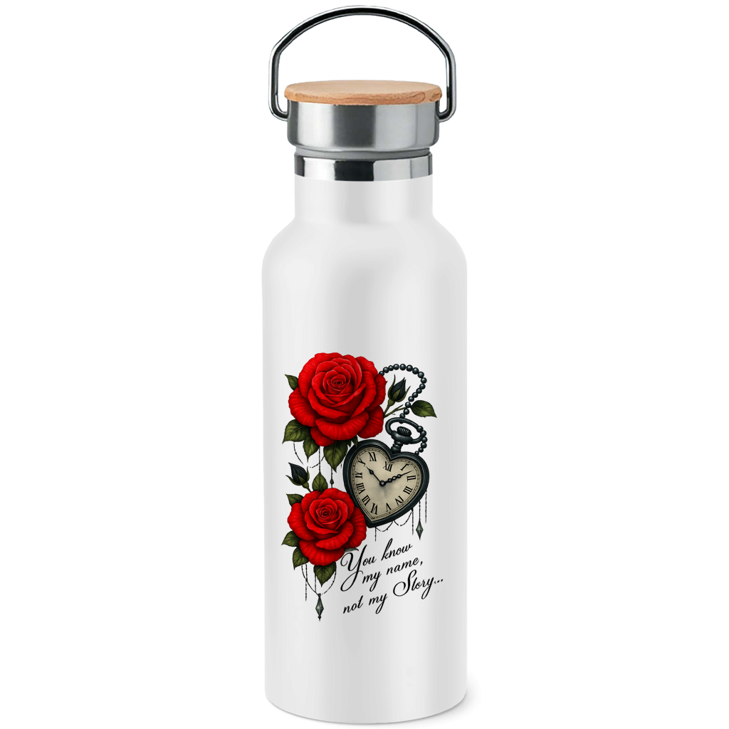 Edelstahl-Trinkflasche mit Bambusdeckel Herzuhr mit Spruch und roten Rosen