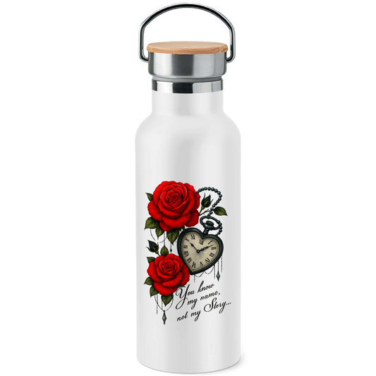 Edelstahl-Trinkflasche mit Bambusdeckel Herzuhr mit Spruch und roten Rosen