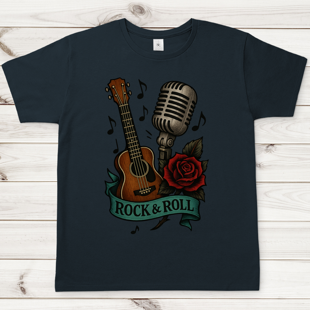 Herren T-Shirt Rose, Mikro und Gitarre mit Rock&Roll Banner