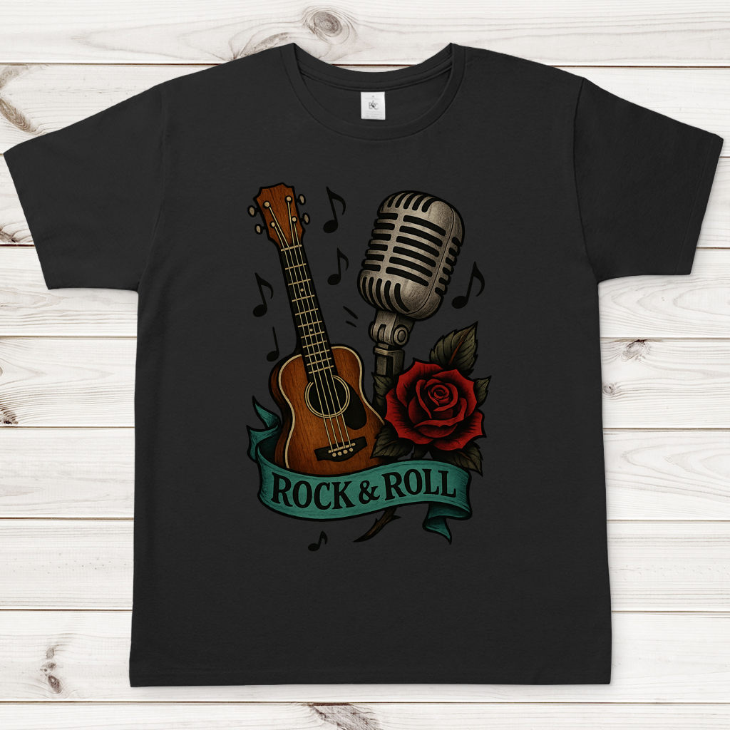 Herren T-Shirt Rose, Mikro und Gitarre mit Rock&Roll Banner