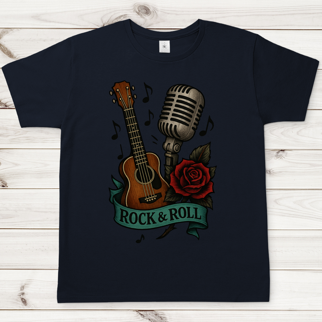 Herren T-Shirt Rose, Mikro und Gitarre mit Rock&Roll Banner