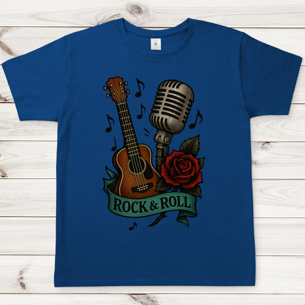 Herren T-Shirt Rose, Mikro und Gitarre mit Rock&Roll Banner