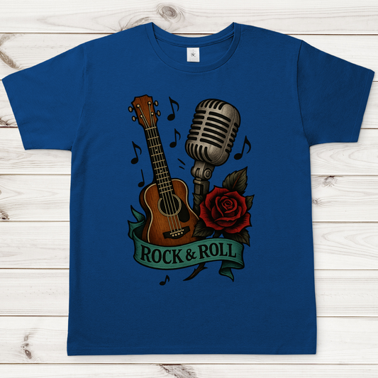 Herren T-Shirt Rose, Mikro und Gitarre mit Rock&Roll Banner
