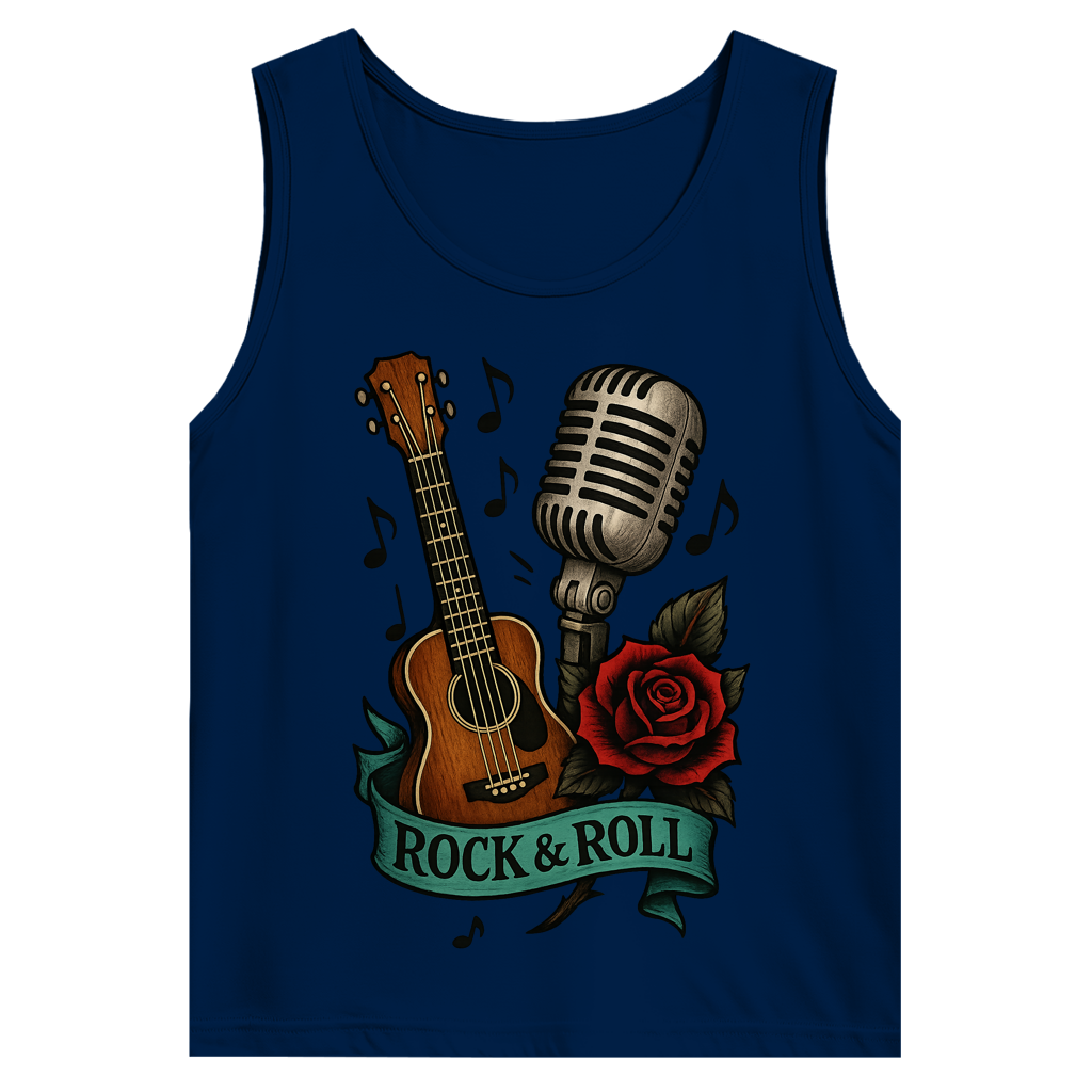 Herren Basic Tank Top Rose, Mikro und Gitarre mit Rock&Roll Banner