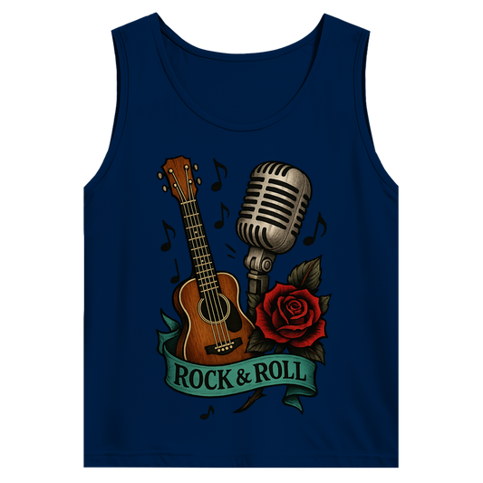 Herren Basic Tank Top Rose, Mikro und Gitarre mit Rock&Roll Banner