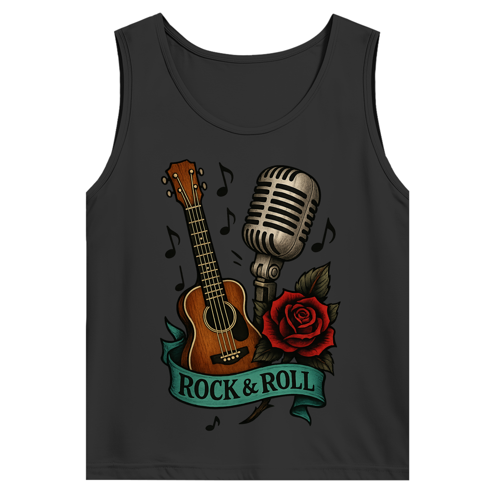 Herren Basic Tank Top Rose, Mikro und Gitarre mit Rock&Roll Banner
