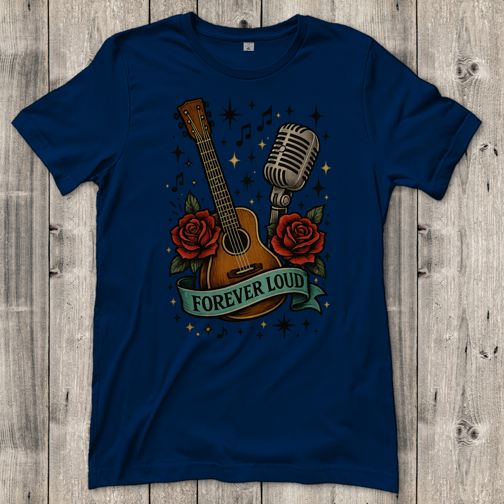 Damen T-Shirt Mikro, Rosen, Gitarre Spruch Forever Loud mit Banner
