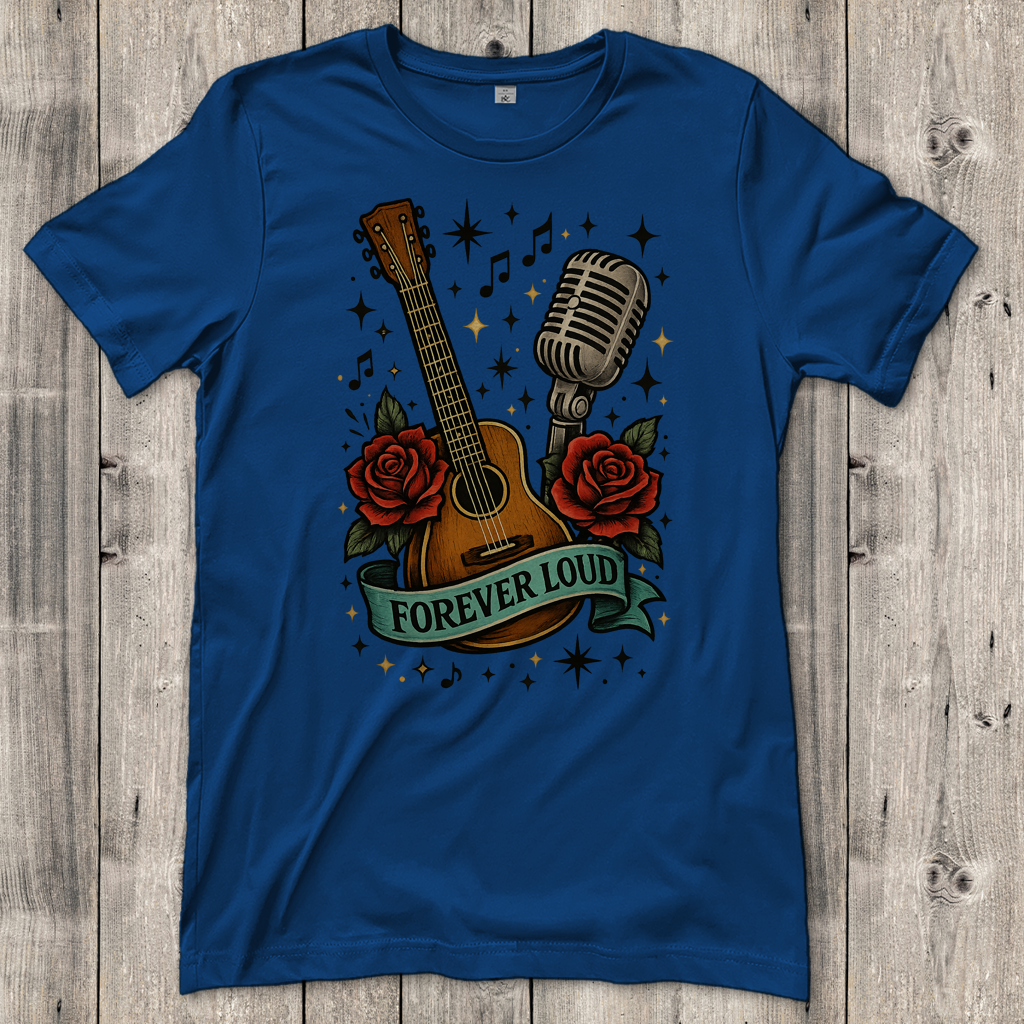 Damen T-Shirt Mikro, Rosen, Gitarre Spruch Forever Loud mit Banner