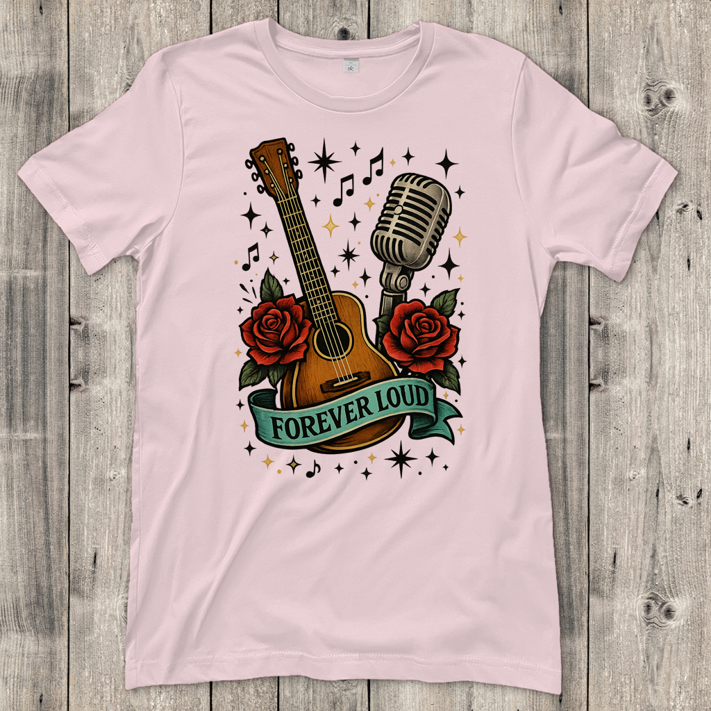 Damen T-Shirt Mikro, Rosen, Gitarre Spruch Forever Loud mit Banner