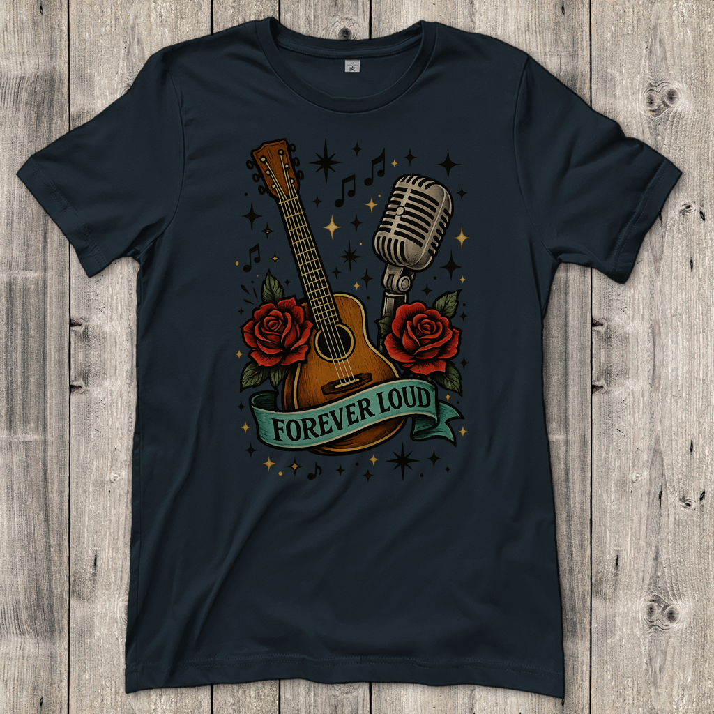 Damen T-Shirt Mikro, Rosen, Gitarre Spruch Forever Loud mit Banner