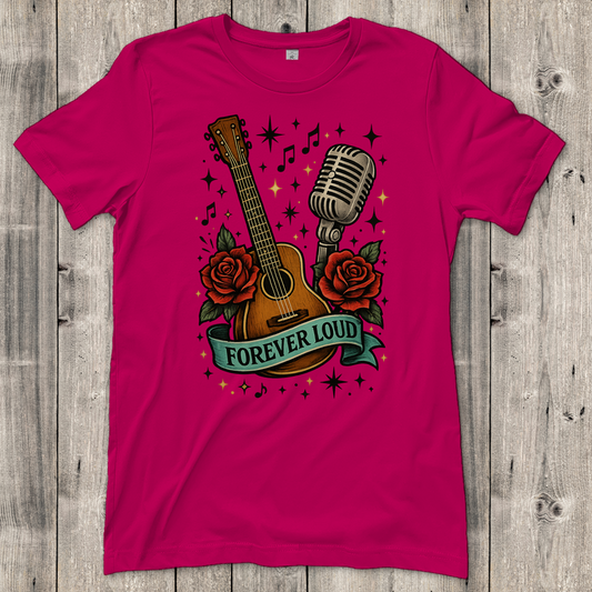 Damen T-Shirt Mikro, Rosen, Gitarre Spruch Forever Loud mit Banner