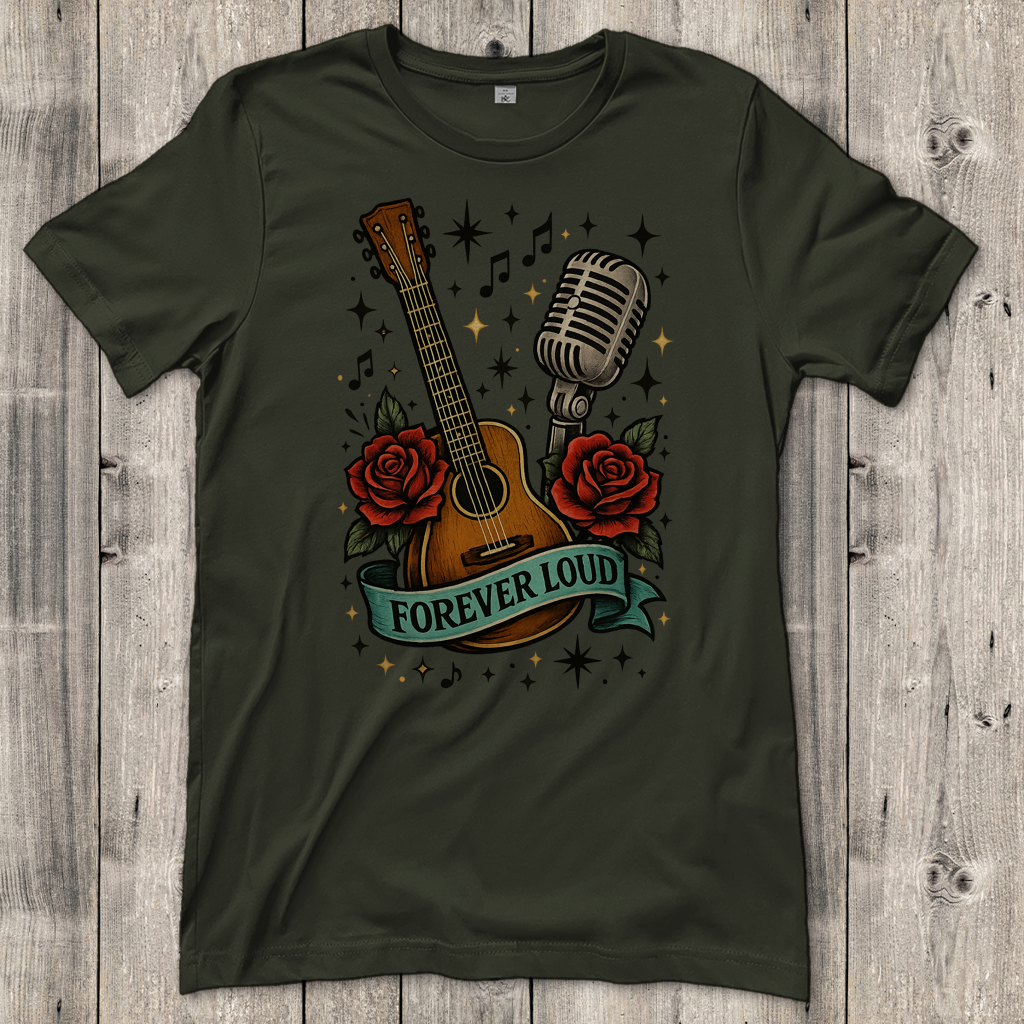 Damen T-Shirt Mikro, Rosen, Gitarre Spruch Forever Loud mit Banner