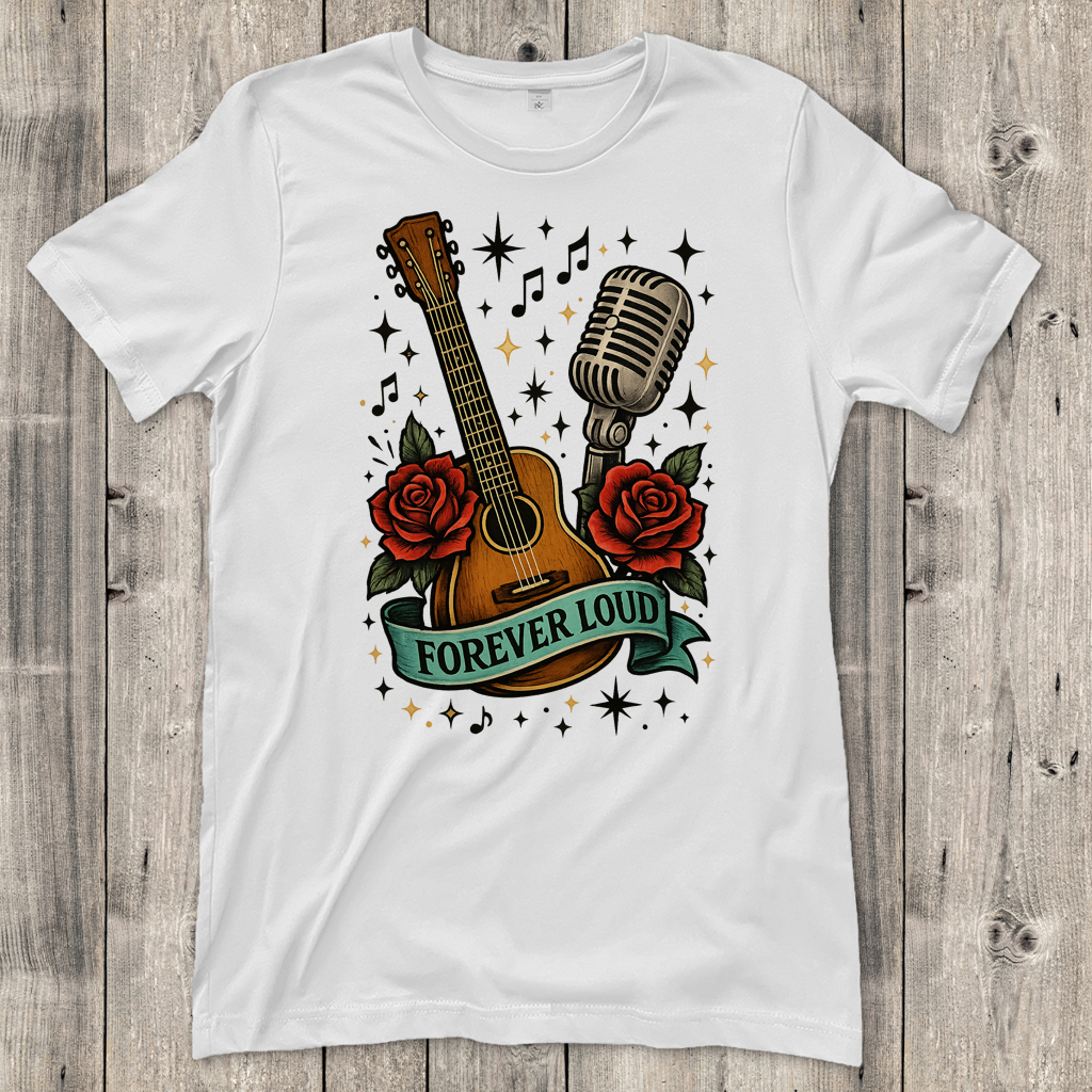 Damen T-Shirt Mikro, Rosen, Gitarre Spruch Forever Loud mit Banner