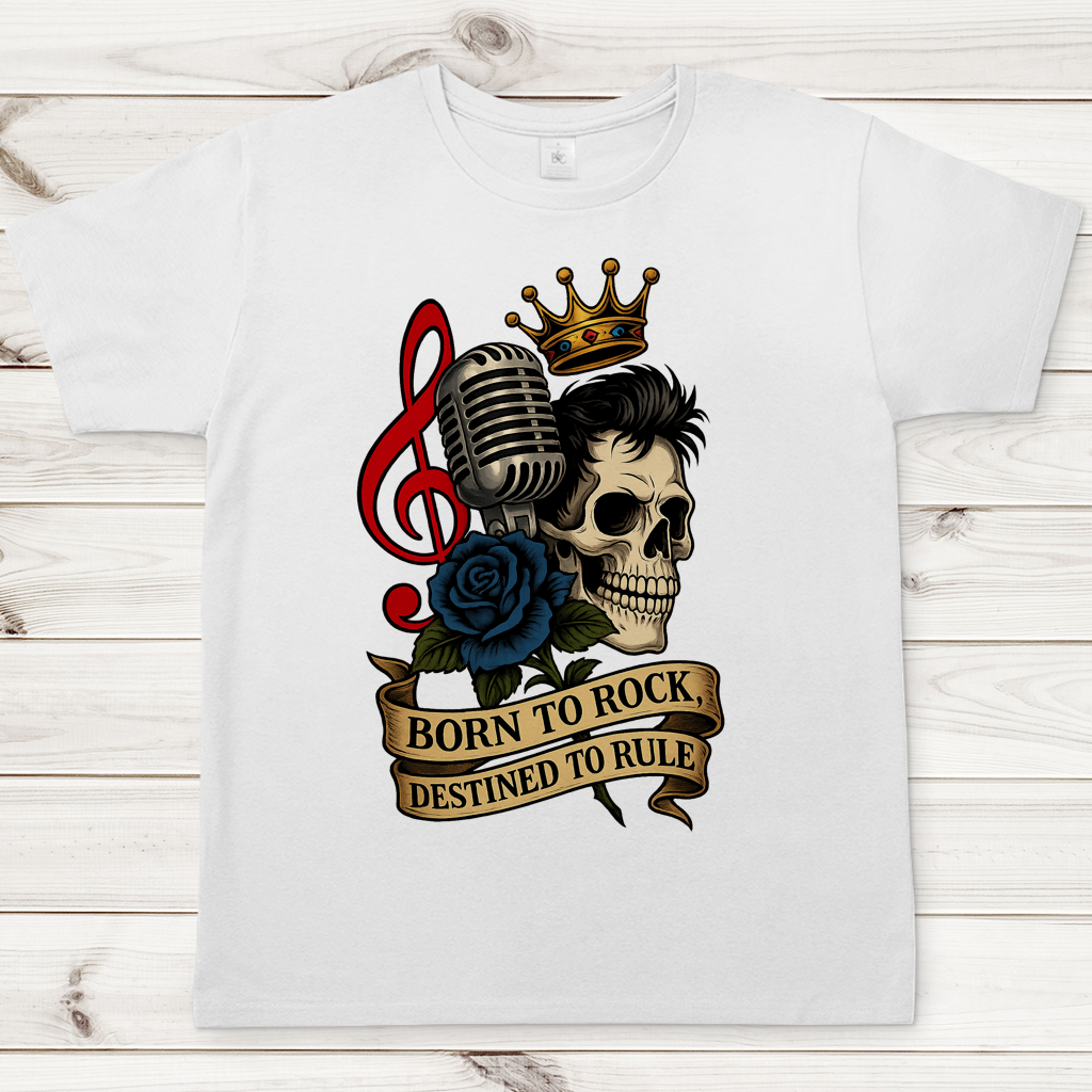 Herren T-Shirt Schädel, Mikro, blaue Rose Born to Rock im Banner