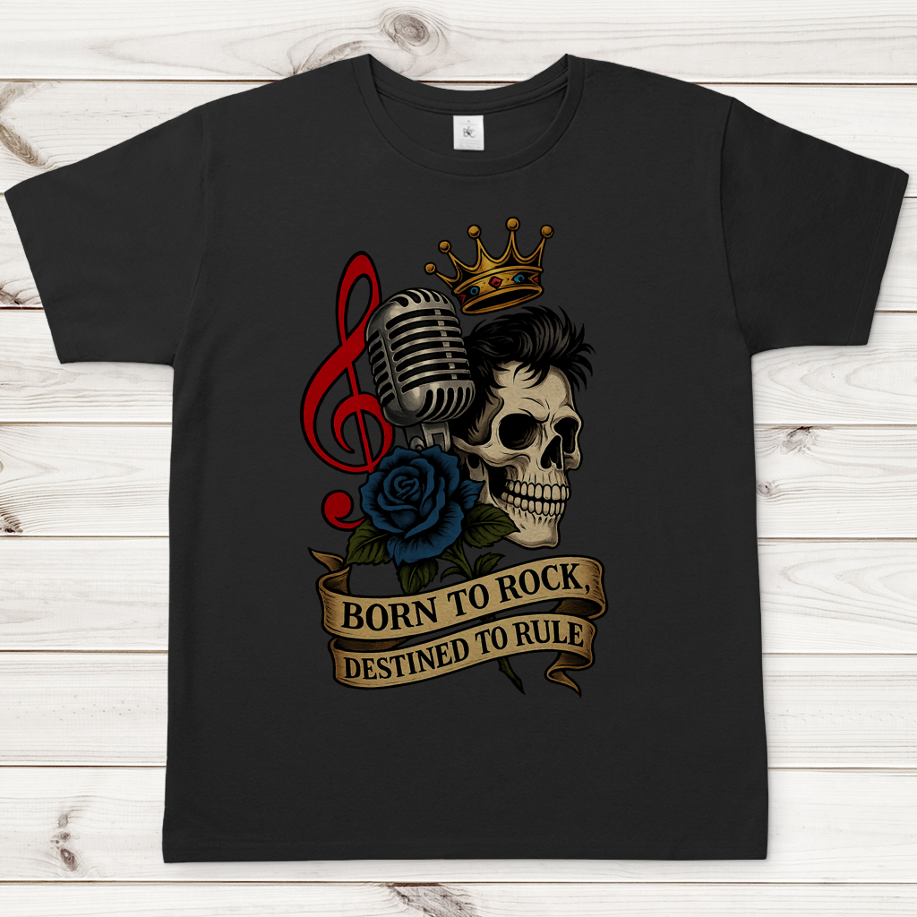 Herren T-Shirt Schädel, Mikro, blaue Rose Born to Rock im Banner