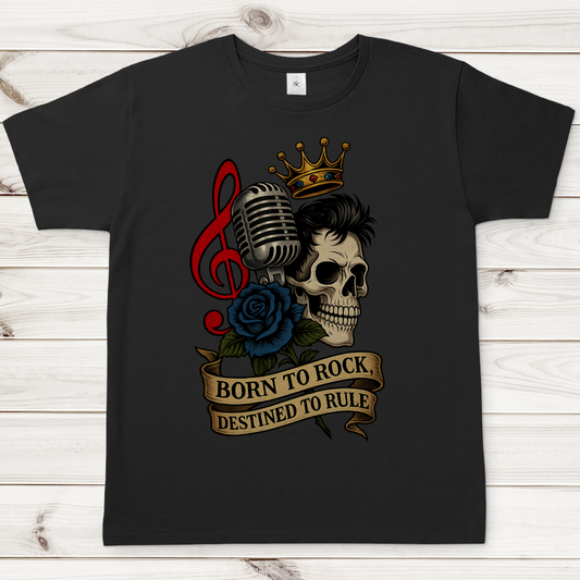 Herren T-Shirt Schädel, Mikro, blaue Rose Born to Rock im Banner