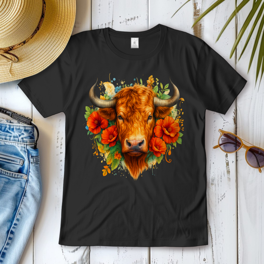 Damen T-Shirt Hochlandrind mit Blumen