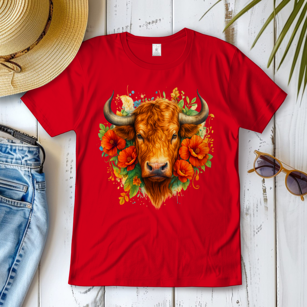 Damen T-Shirt Hochlandrind mit Blumen