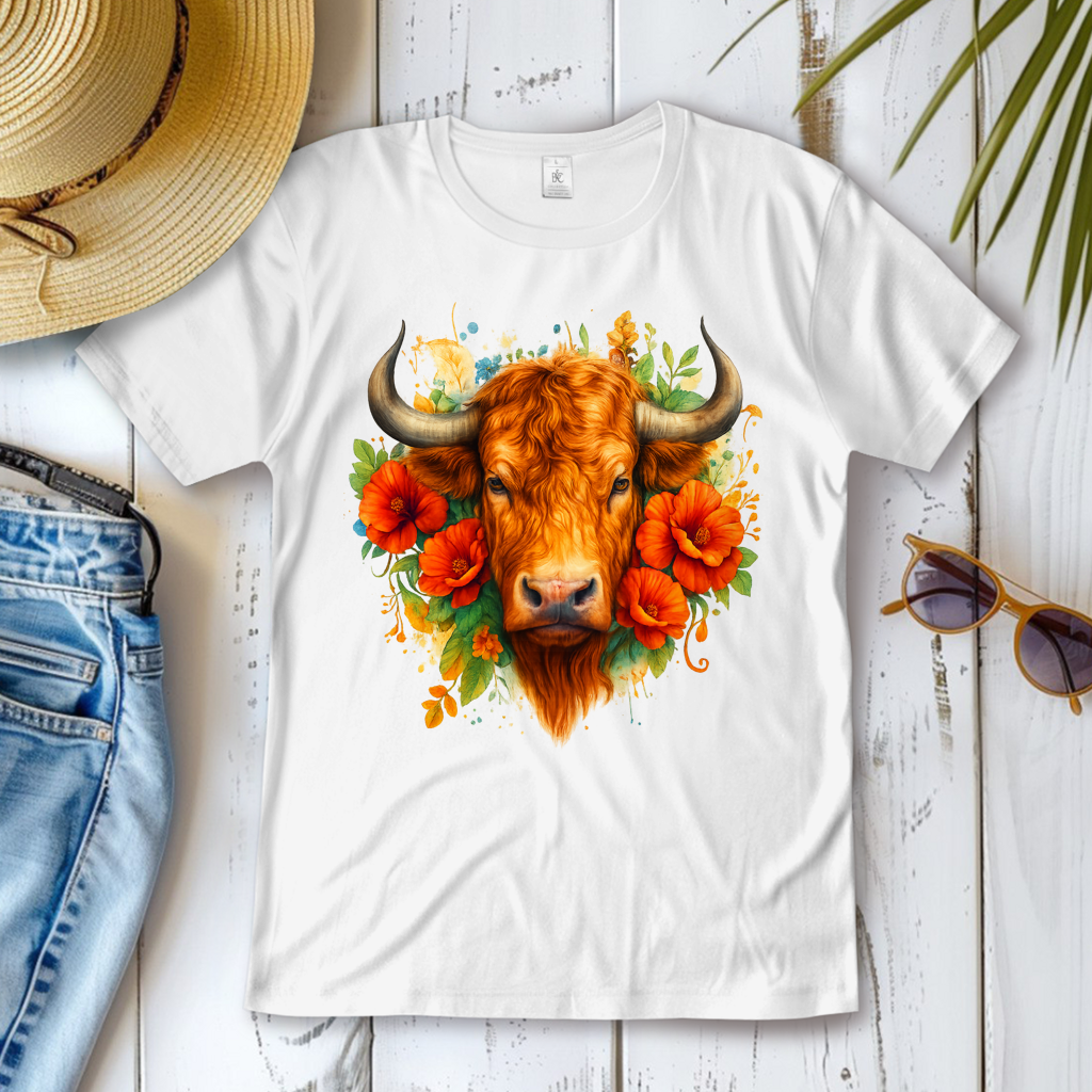 Damen T-Shirt Hochlandrind mit Blumen
