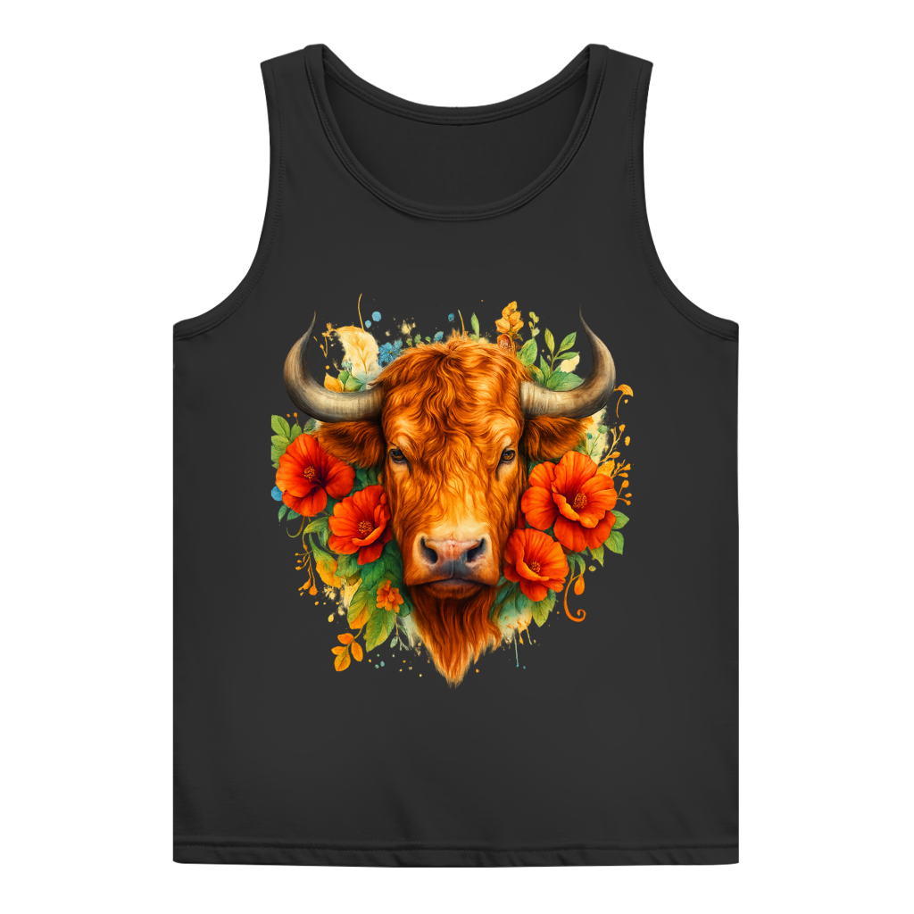 Damen Basic Tank Top Hochlandrind mit Blumen