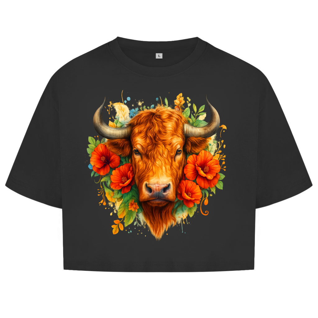 Damen Oversize Crop Top Hochlandrind mit Blumen