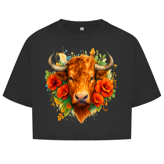 Damen Oversize Crop Top Hochlandrind mit Blumen