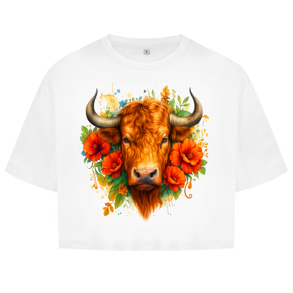 Damen Oversize Crop Top Hochlandrind mit Blumen