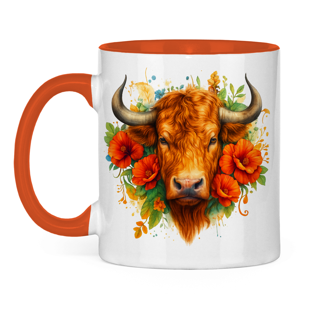 Tasse zweifarbig Hochlandrind mit Blumen