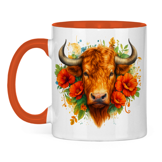 Tasse zweifarbig Hochlandrind mit Blumen