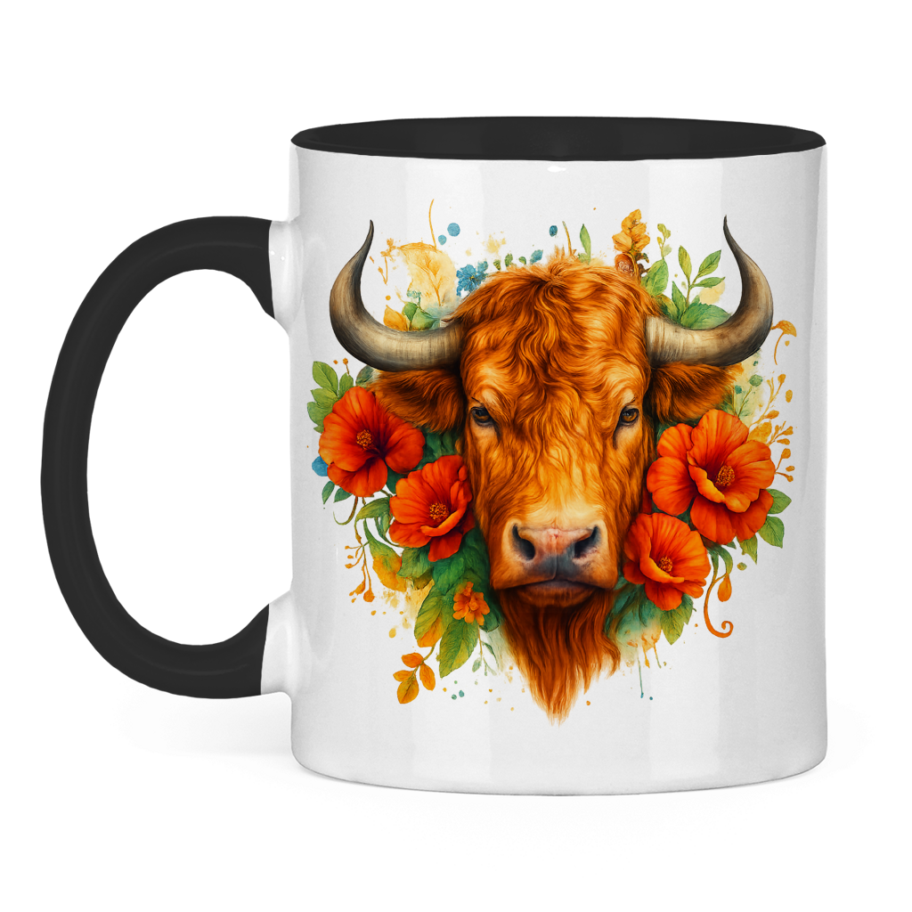 Tasse zweifarbig Hochlandrind mit Blumen
