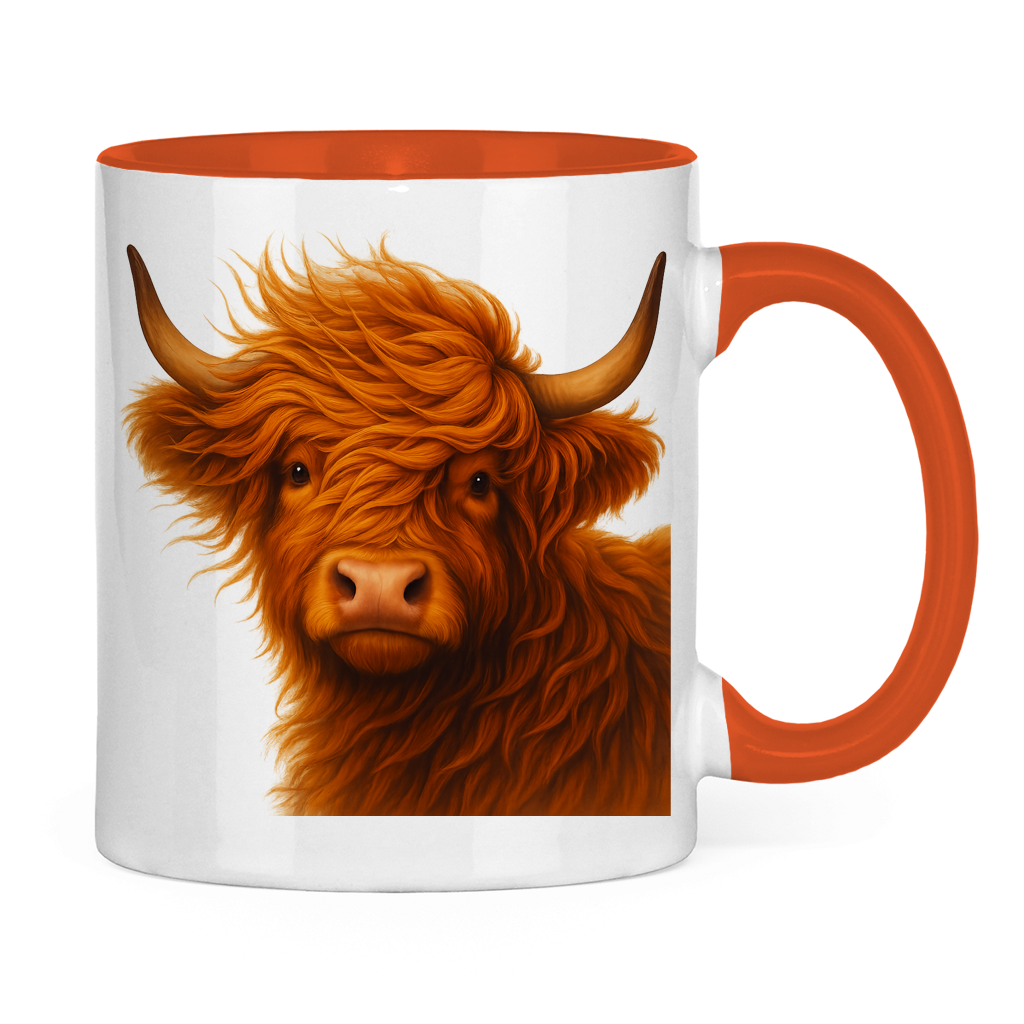 Tasse zweifarbig Hochlandrind im Wind