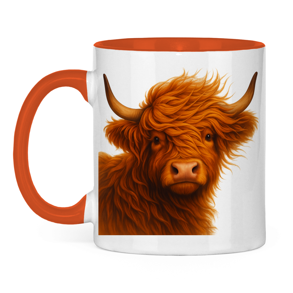 Tasse zweifarbig Hochlandrind im Wind