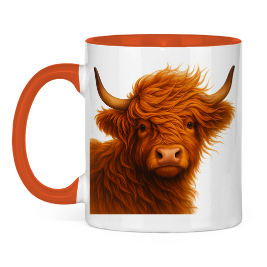 Tasse zweifarbig Hochlandrind im Wind