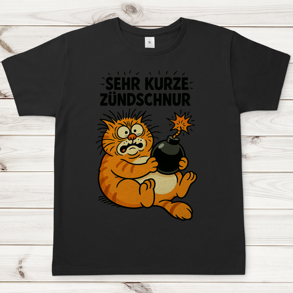 Herren T-Shirt Katze Bombe Sehr kurze Zündschnur