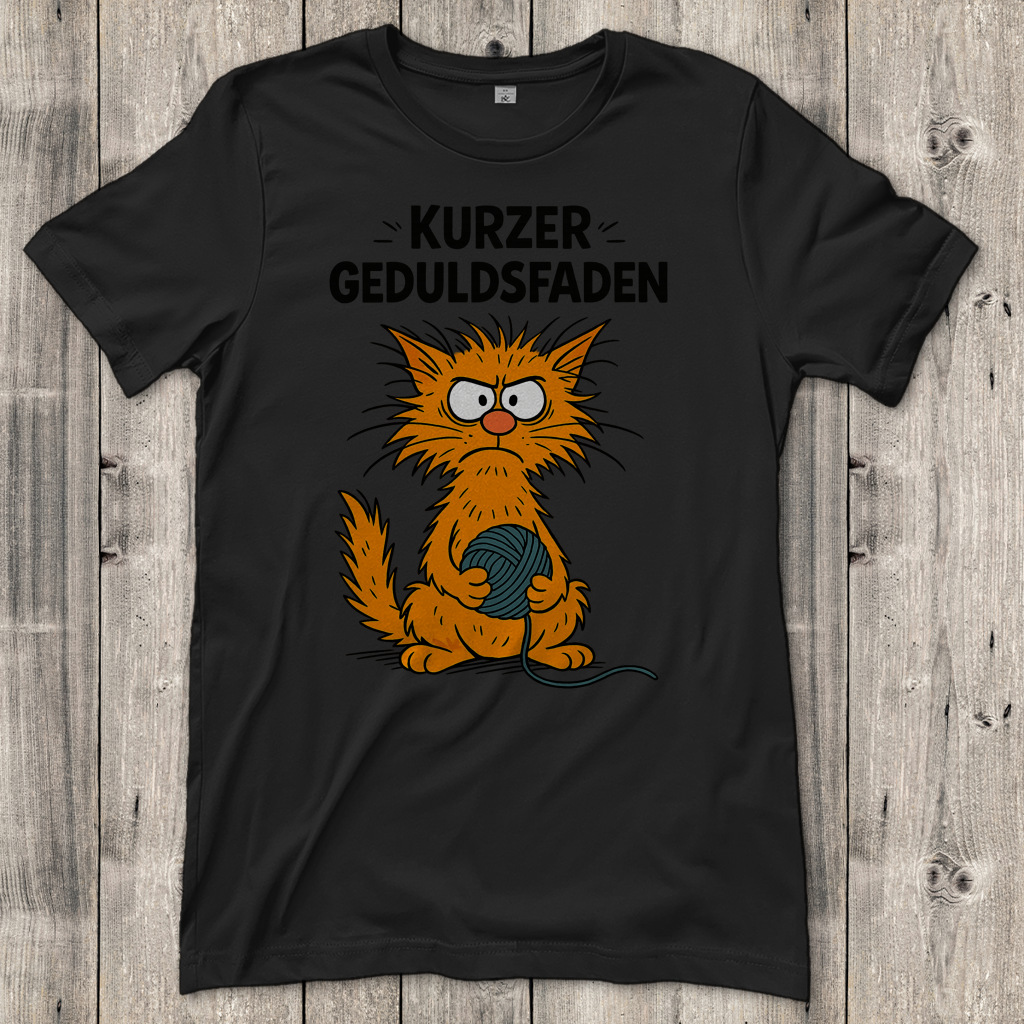 Damen T-Shirt Katze Wollkneul kurzer Geduldsfaden