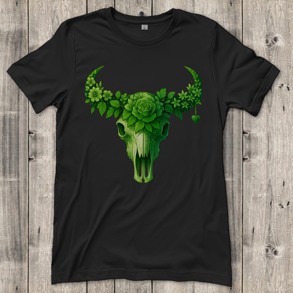 Damen T-Shirt Rinderschädel grüne Blumen