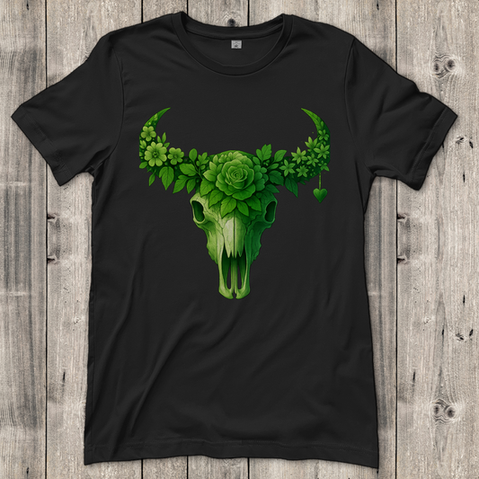 Damen T-Shirt Rinderschädel grüne Blumen
