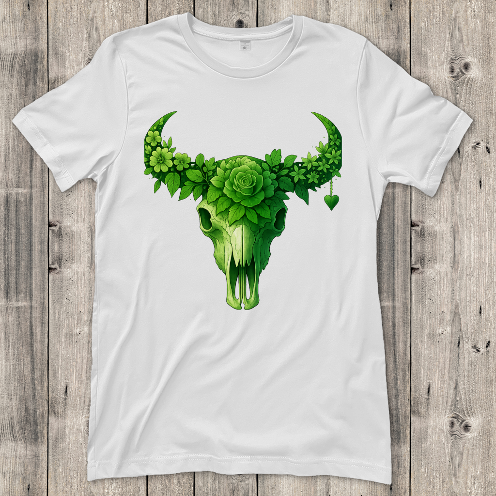 Damen T-Shirt Rinderschädel grüne Blumen