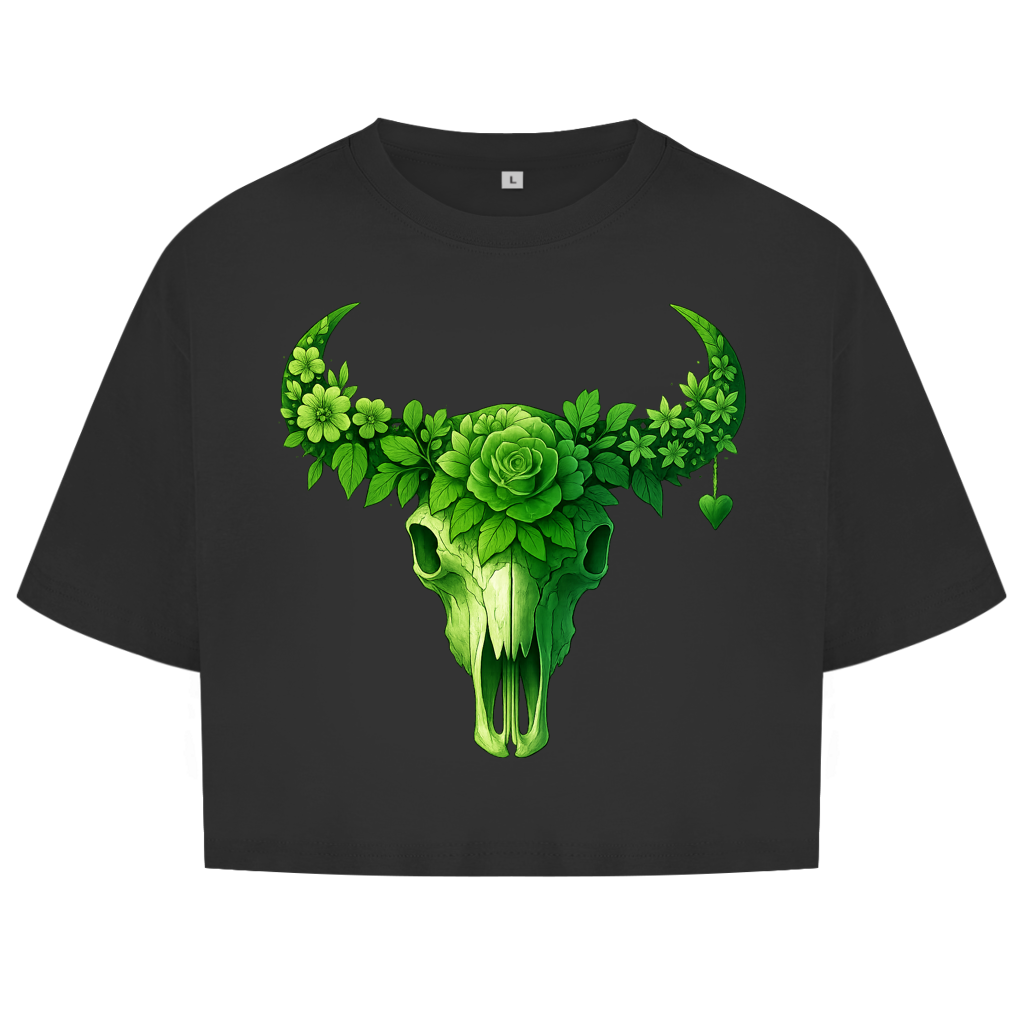 Damen Oversize Crop Top Rinderschädel grüne Blumen