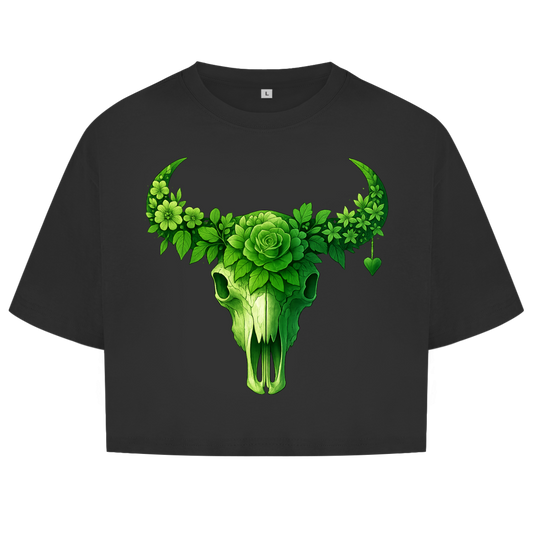 Damen Oversize Crop Top Rinderschädel grüne Blumen