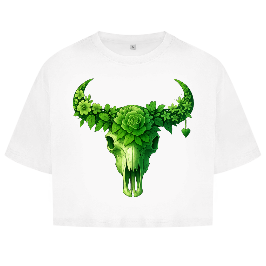 Damen Oversize Crop Top Rinderschädel grüne Blumen