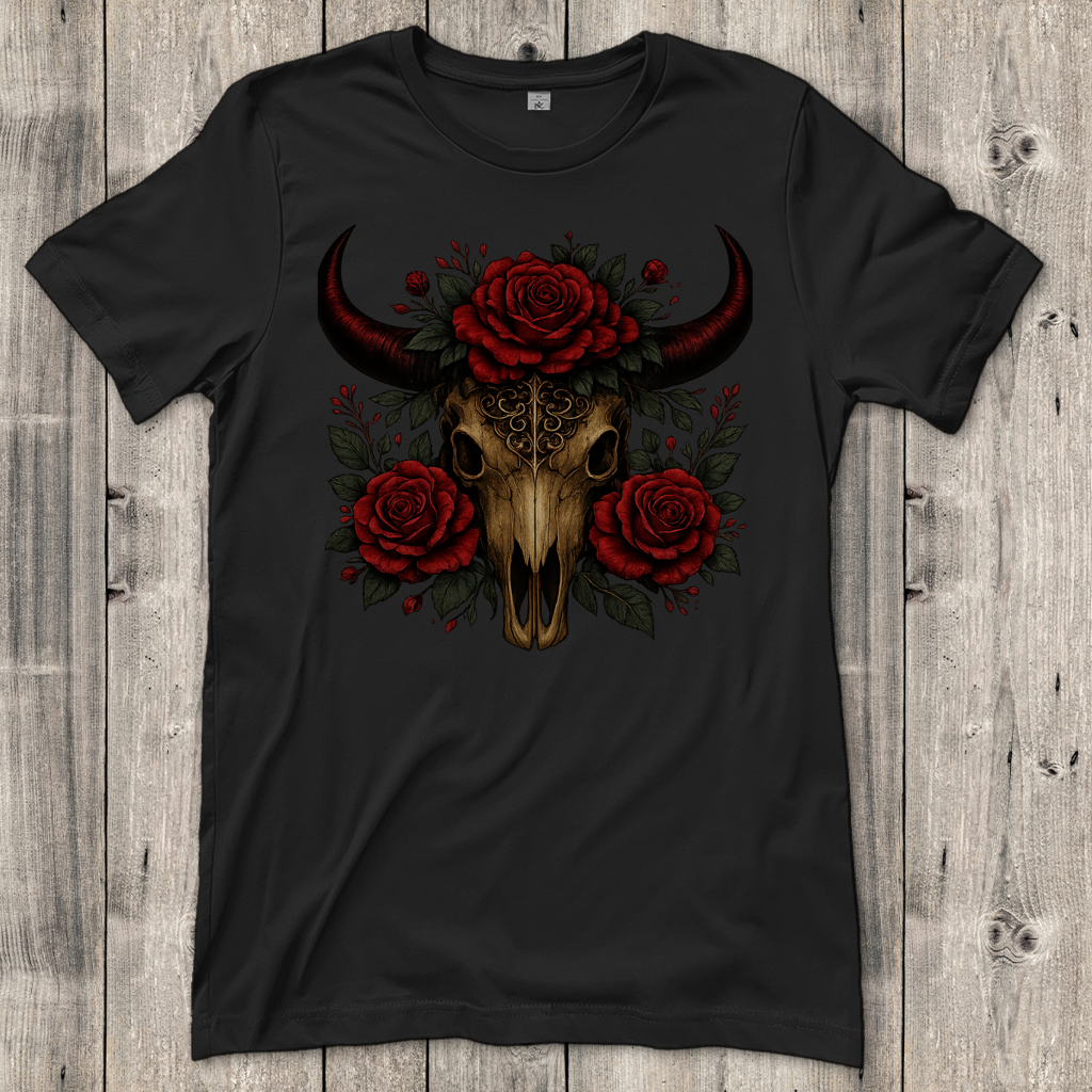 Damen T-Shirt Rinderschädel rote Blumen