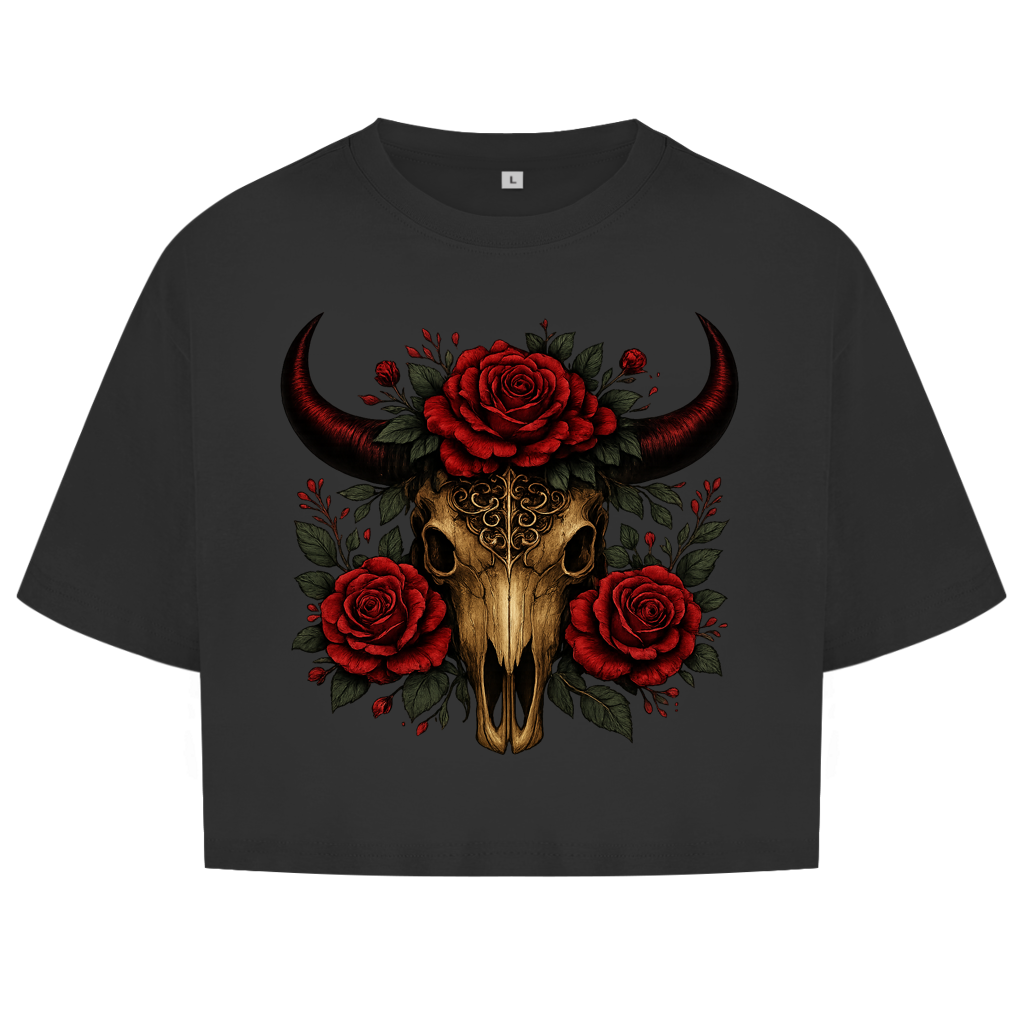 Damen Oversize Crop Top Rinderschädel rote Blumen