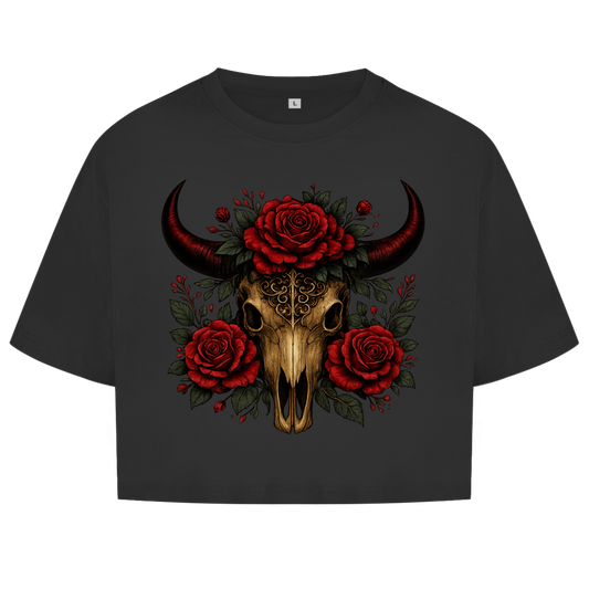 Damen Oversize Crop Top Rinderschädel rote Blumen